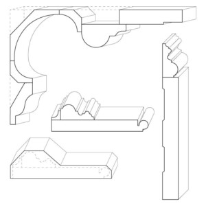 Mix of window, door, and wall mouldings in a Italianate style.