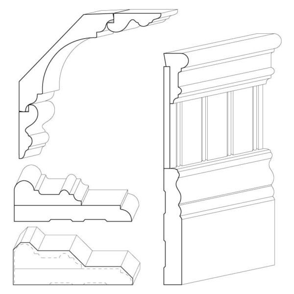 Mix of window, door, and wall mouldings in Victorian style.
