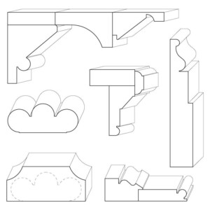 Mix of window, door, and wall mouldings in Gothic Revival style.